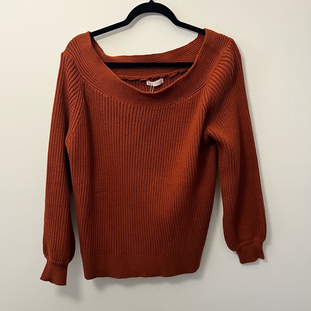 NWT Cozy Orange Off-the-Shoulder Sweater with Ribbed Knit
